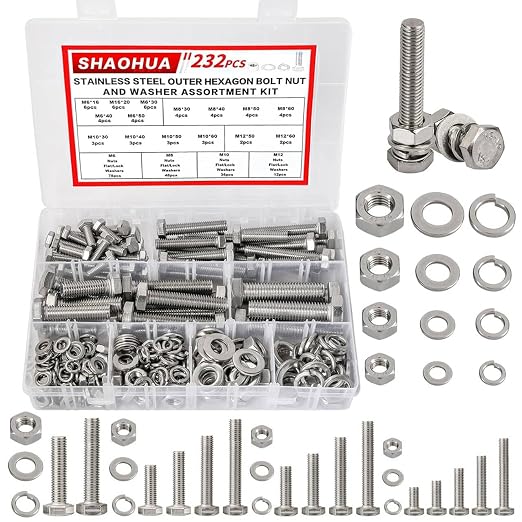 M6 M8 M10 M12 Metric Bolts and Nuts Assortment Kit 16mm to 60mm 304 Stainless Steel Hex Head Nuts Bolts Washers Assortment 15 Metric Size Nuts and Bolts Assortment Kit w/Storage Case, 232PCS, SHAOHUA
