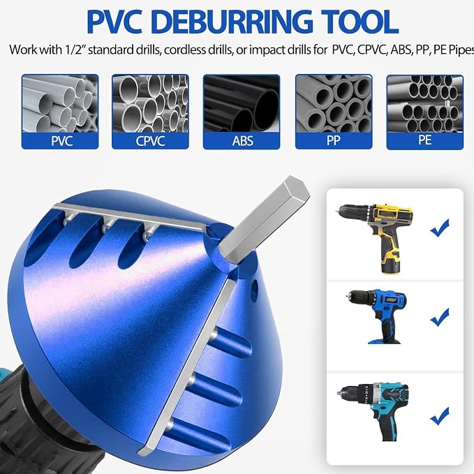 PVC Pipe Deburring Tool Plumbing Tool Pipe Chamfering Tool 3-Blade Drill Attachment for PVC CPVC ABS PP PE Pipes with 0.92in-3.89in OD 0.75in-3.5in ID Blue