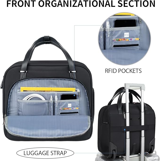 EMPSIGN Rolling Laptop Bag Women with Wheels, Briefcase for Women Fits Up to 15.6 Inch Laptop Briefcase on Wheels, Water-Repellent Overnight Rolling Computer Bag with RFID Pockets, Black