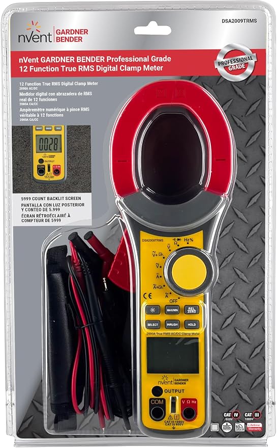 nVent GARDNER BENDER DSA2009TRMS True RMS Digisnap Digital Clamp Meter, 750VAC/1000VDC, 2000A Heavy Duty 13-Function Electrical Voltage Tester with Backlit Screen (Formerly: Sperry Instruments)