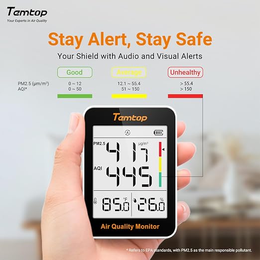 Temtop Air Quality Monitor with Indoor Thermometer & Thermo-Hygrometer – PM2.5, AQI, Temperature and Humidity Meter for Home, Office, Nursery, School, 60-Day Battery Life