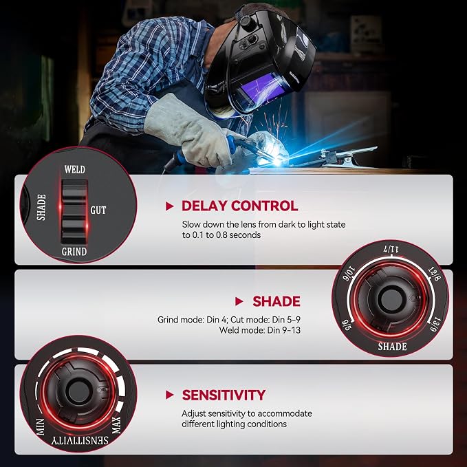 ARCCAPTAIN 3.94"X3.66" Welding Helmet Auto Darkening, 1/1/1/1 Top Optical Clarity Large Viewing Screen Solar Power Welding Hood with 4 Arc Sensor, Wide Shade 4-5/5-9/9-13 for TIG MIG ARC Welding CUT