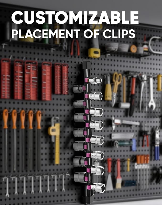 ALOANES 9PC Socket Organizer, Socket Rails Fit 1/2", 1/4" and 3/8" Drive | Heavy Duty ABS Socket Holders Hold up 129 Sockets for Toolbox Drawer Bags(Pink)