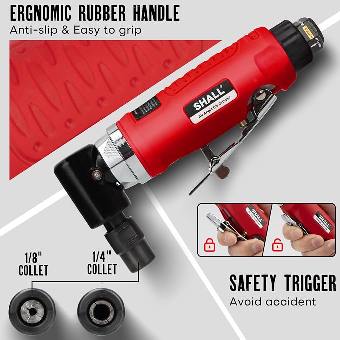 SHALL Right Angle Die Grinder, 90 Degree, 1/4" & 1/8" Collets, 24PCS Sanding Discs, Air Connector, Lubricant and Chuck Key Included, for Grinding, Polishing, Deburring, Engraving and Rust Removal
