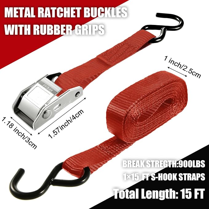 Riakrum 16 Pcs Cambuckle Tie Down Straps 1763lbs Break Strength Securing Straps 1'' x 15 ft Cambuckle Tie Downs with S Hook for Motorcycle, Kayak, Car, Truck, Boat Moving, Securing Cargo (Red)
