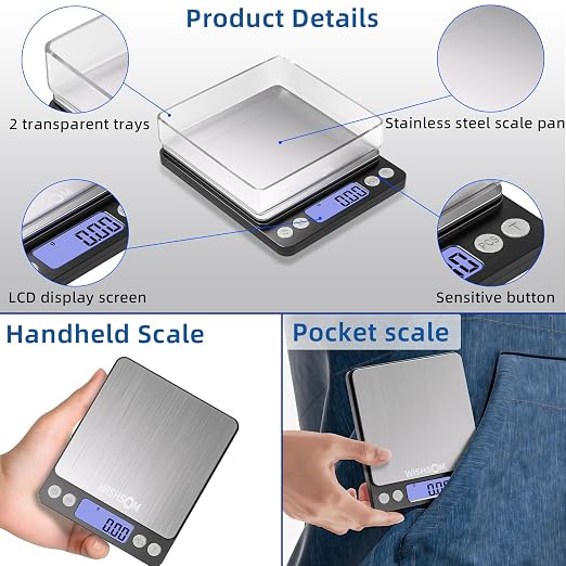 Professional Jewelry Scale, 500g x 0.01g High Precision Digital Gold Scale, Portable Precious Metal Gram Scale for Jewelers, Pawn Shops, Coin Dealers, Gold & Silver Weighing