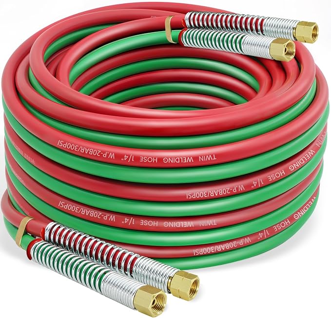 RX WELD 50 FT 1/4" Oxy Acetylene Welding Hose with 9/16"-18 B Fittings | Grade R, Rubber, Twin-Line Torch Hose