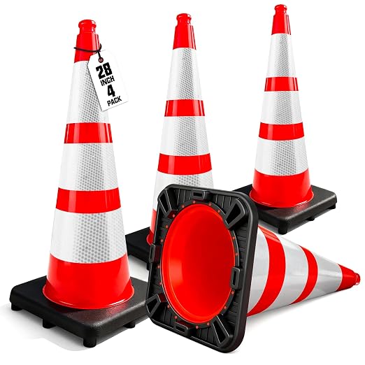 YATOINTO Traffic Cones 28 Inch with Weighted Base,Spring Back After Flattening,3 Reflective Collars,PVC Large Orange Construction Cones,Driving Training,Parking Lots,Highway,Roadwork,4 Pack