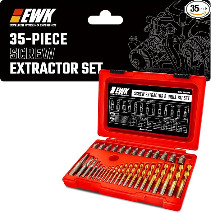 EWK 35-Piece Screw Extractor Set with Left-Hand Drill Bits, Spiral Screw Extractors, and Multi-Spline Removers for Stripped Screws, Broken Bolts, Rusted Fasteners, and Damaged Hex Heads