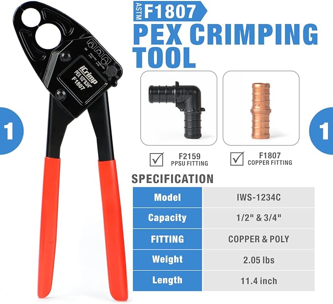 IWISS Angle PEX Crimping Tools Combo Kits for 1/2" & 3/4" Pex Crimp Rings with Go/No-Go Gauge with PEX Pipe Cutter Suits for All US F1807 Standards Copper Rings