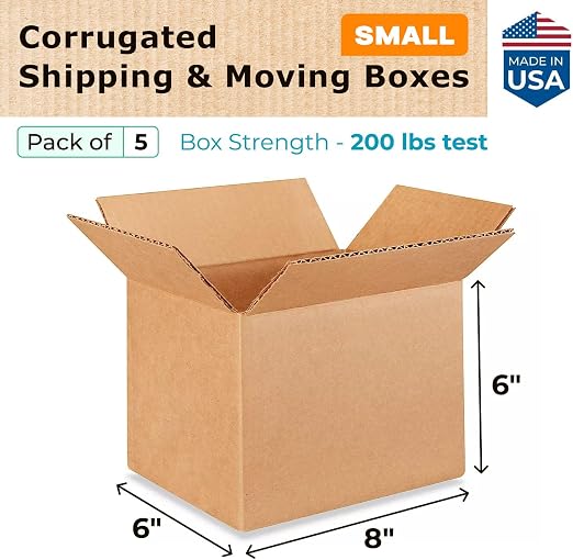 Small Moving & Shipping Boxes 8 x 6 x 6 inches (5-Pack) - Extra Strength 200 lb vs Regular - USA-Made Corrugated Cardboard Boxes - Shipping Box for Small Business - Cardboard Box by IDL Packaging