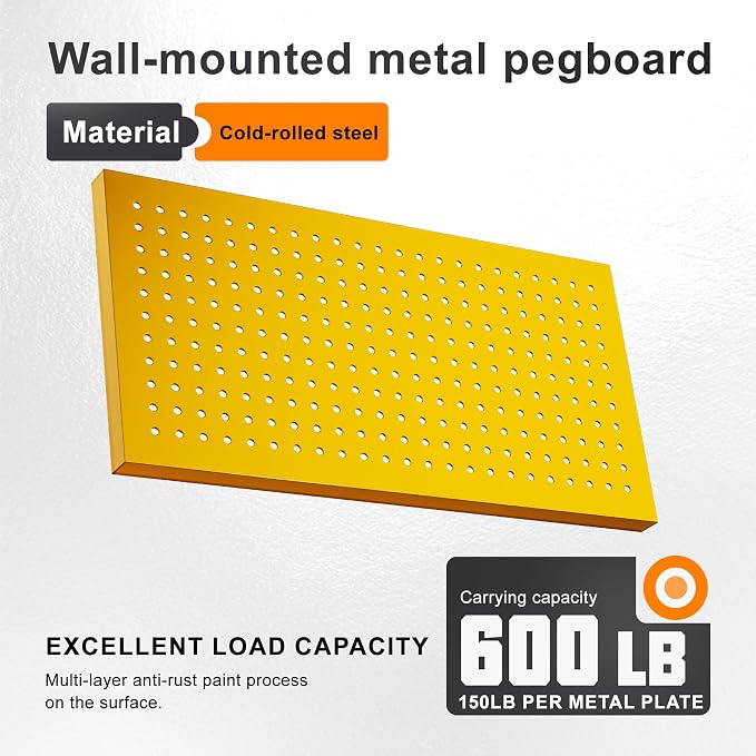 Metal Peg Board Panels, Pegboard Panels, Heavy Duty Pegboards | 4 Pack Yellow Peg Boards, Wall Organizer For Workbench, Shop, Shed, Modular Organizer Board Kit, Wall Organizer