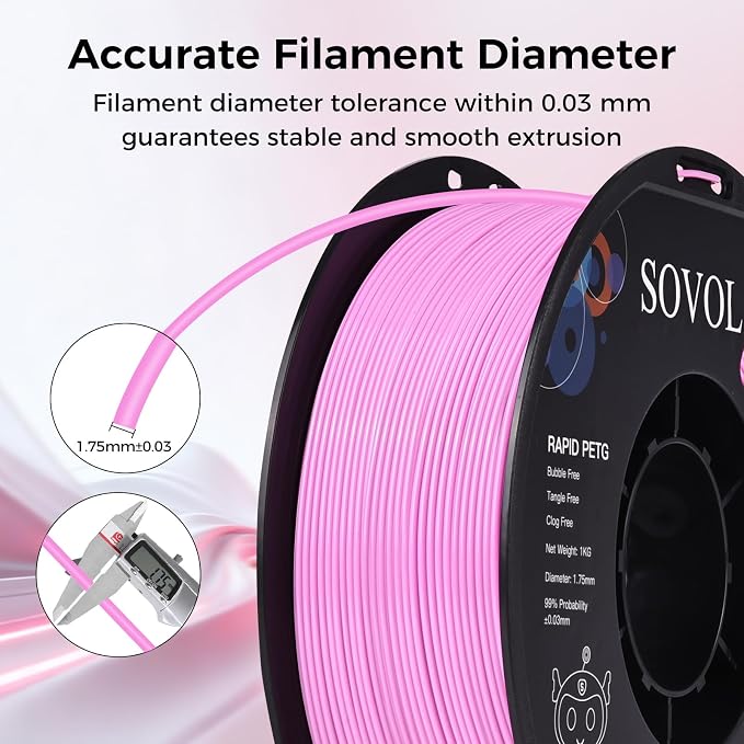 Sovol 3D Printer Rapid PETG Filament 1.75mm 1KG (2.2lbs), High Precision, Strong Toughness, Wiring Tightness, Dimensional Accuracy +/- 0.03 mm, 3D Printing High Speed PETG Filaments, Pink