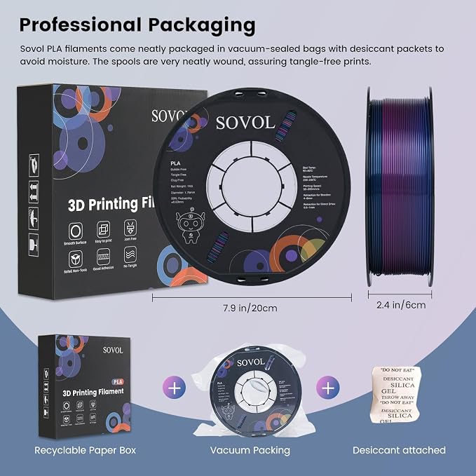 Sovol 3D Printer Silk Shiny Multicolored Fast Change Rainbow PLA 1kg (2.2 lbs) Spool 3D Printing Materials, Dimensional Accuracy +/- 0.03 mm, 1.75 mm, Purple Rainbow
