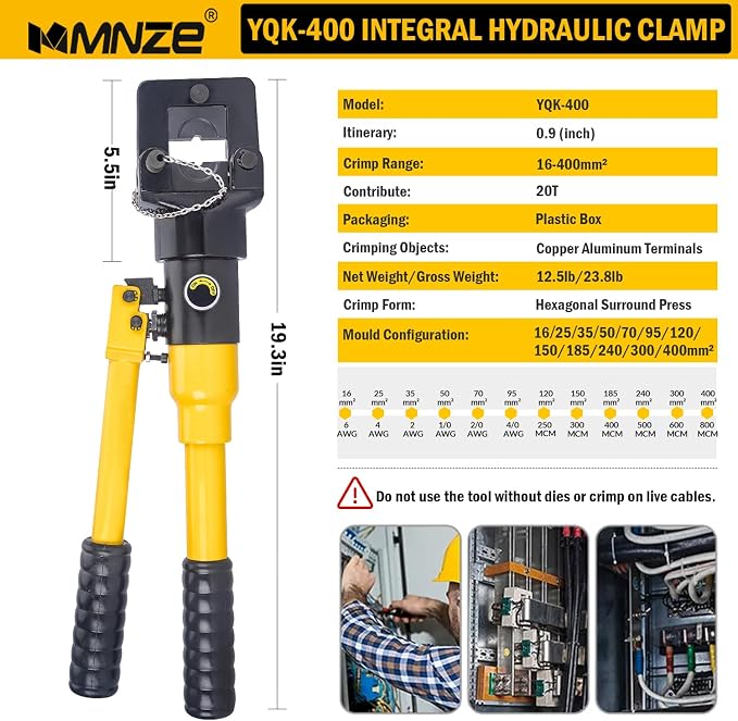 16 Ton Hydraulic Cable Lug Crimper Pliers 6 AWG to 800 MCM Hand Operated Hydraulic Crimping Tool Kit Wire Terminal Lug Battery Crimping Crimper with 12 Dies