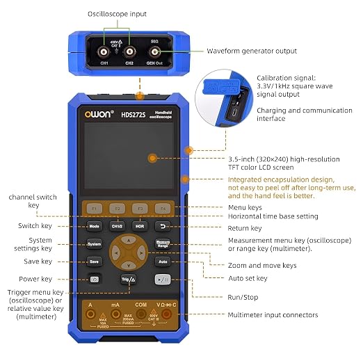 Handheld Lab Oscilloscope Multimeter, 2 Channels, 70MHz Bandwidth, 250MSa/s Sampling Rate, 20000 Counts, 3 in 1 Portable Digital Automotive Oscilloscope, Voltage, Current, Capacitor HDS272S