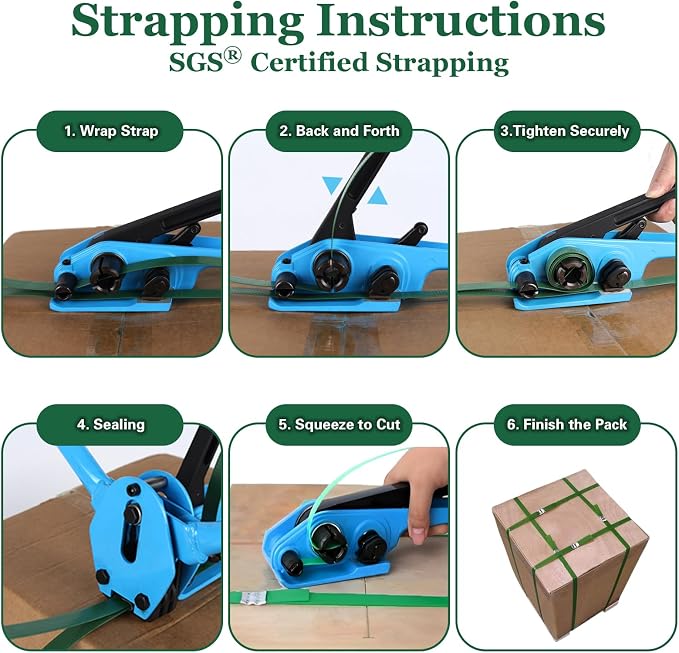 Banding Strapping Kit, Pallet Strapping Kit, Packaging Banding Tool with 5/8" Width, 1000' Length Polyester Strapping Coil Roll and Dispenser Box – Heavy Duty Certified 1200 lbs Break
