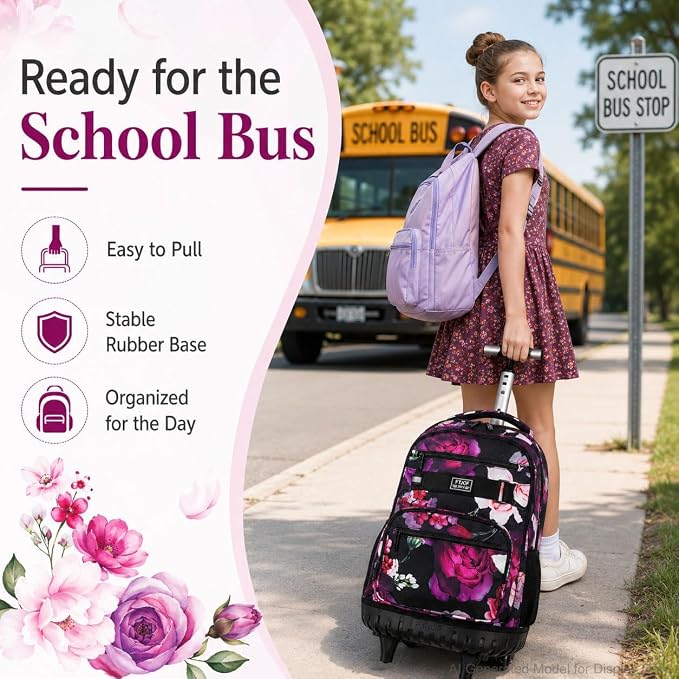 3Pcs Rolling Backpack for Girls Women, Travel Roller Backpacks with Wheels for Adults, Teens College Rose Wheeled Bookbag with Lunch Box(Black)