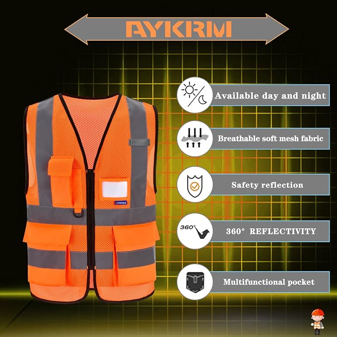X Small High Visibility Mesh Safety Reflective Vest with Pockets and Zipper | Orange XS breathable mesh vest with reflective strips, mic tabs and 7 pockets for railway operations and traffic control.