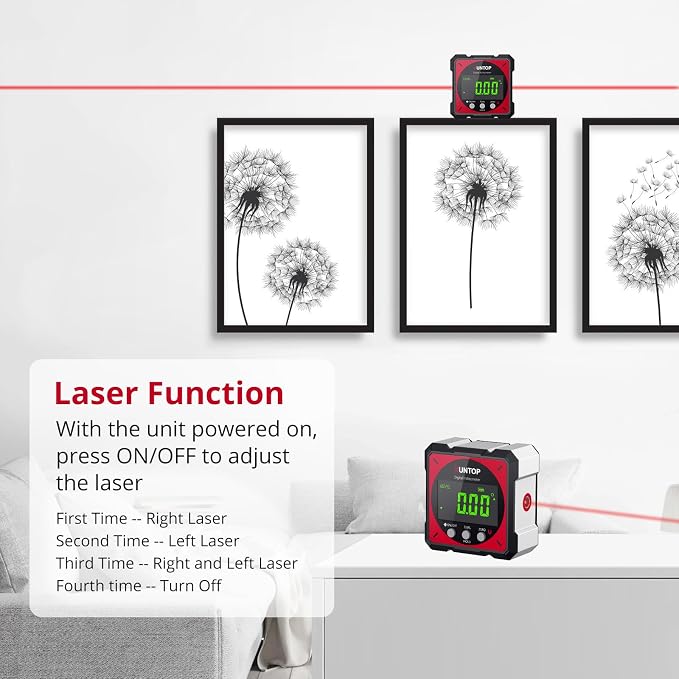 XUNTOP USB Charging Digital Angle Finder Level Box with Laser (Class 2, <1mW Output), 4-side Strong Magnetic Angle Gauge IP54 Waterproof Inclinometer Level for Hanging Decorations Woodworking