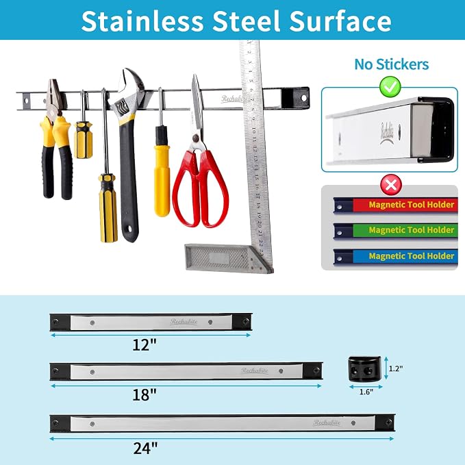 4 Pieces 18" Magnetic Tool Holder Strip, Stainless Steel Surface Tool Magnet Bar, Metal Tool Organizer Rack for Garage Organization, Easy To Install in Workshop, Mounting Screws Included