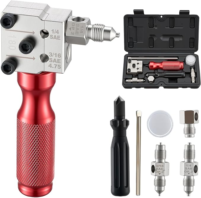 VEVOR Brake Line Flaring Tool Kit, 45° Single & Double Flare Tool for 3/16", 1/4" Copper Tubing - with 2 Forming Dies, Deburring Tool & Toolbox for Automotive Brake Hydraulic Line Repair