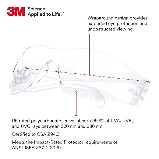 3M Safety Glasses, Virtua, Pack of 100, ANSI Z87, Unisex, Clear Hard Coat Lens, Clear Frame, Economical Eye Protection, Lightweight, Wraparound Coverage, UVA, UVB, UVC
