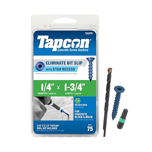 Tapcon 1/4 x 1-3/4 Inch Blue Climaseal® Star Head Concrete Anchors, 75 PCS, Corrosion Resistant Coating, Heavy-Duty Concrete and Masonry Screws, Superior Holding Strength, Drill & T-30 Bit Included