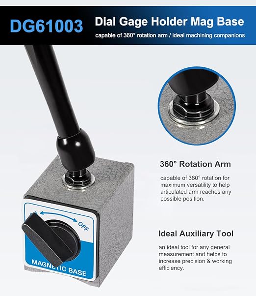 DG61003 Replacement Dial Indicator Magnetic Base Stand, Heavy Duty Magnetic Indicator Holder with Metal Fine Adjustment | Universal Holder for Dial & Test Indicators, 176 lb Magnetic Base, Articulating Arm for CNC Machining Inspection