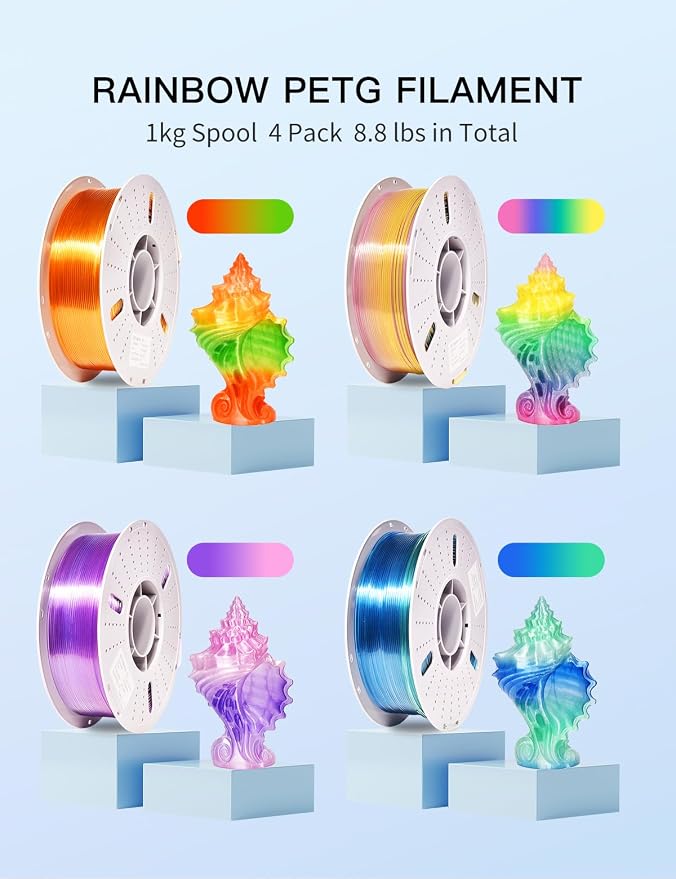 PINBALL PETG Rainbow 3D Printer Filament 1.75mm, Multicolor Translucent PETG Filament Bundle, Accuracy +/- 0.02 mm, 4kg in Total