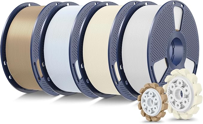 SUNLU PLA+2.0 3D Printer Filament Bundle, 4KG Upgrade PLA+ Filament 1.75mm, Tougher and Stronger, Dimensional Accuracy +/-0.02mm, 1KG per Spool, 4 Packs, 4KG Total, White+Bone+Ceramic+Oak Wood