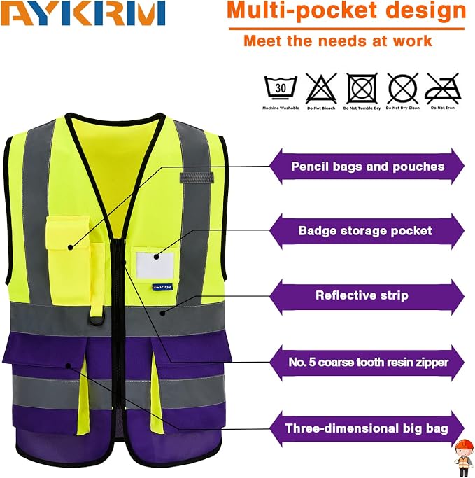 A-SAFETY Hi-Vis Reflective Vest, 7 Pockets, Zipper, Yellow/Purple, 4XL-5XL | Yellow/Purple 4XL-5XL work vest with 7 pockets, clear ID pocket and radio mic loop for laboratory work; unisex workwear.