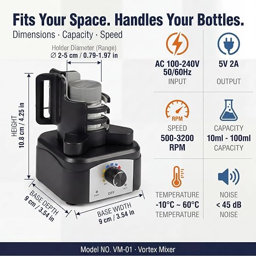 Vortex Mixer Shaker, 500-3200 RPM Adjustable Speed - Hands-Free Electric Paint Mixer for Hobby Model Paints, Tattoo Ink, Nail Polish & Lab Test Tubes - Includes Stable Holder