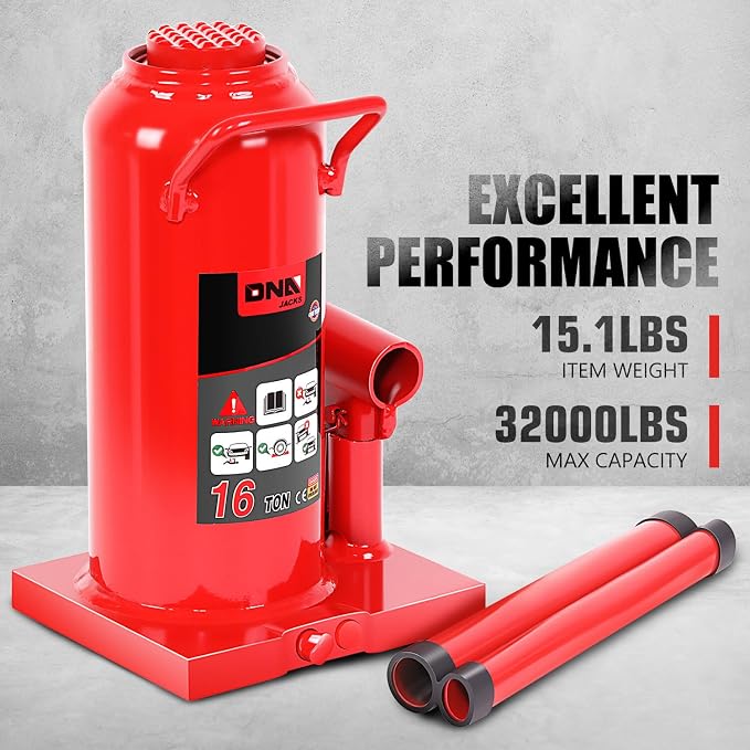 DNA Motoring 16 tons / 32000 lbs Lifting Automotive Welded Hydraulic Bottle Jack for Repair Vehicle, Pickup, Truck, w/Manual Handle, Red,TOOLS-00361