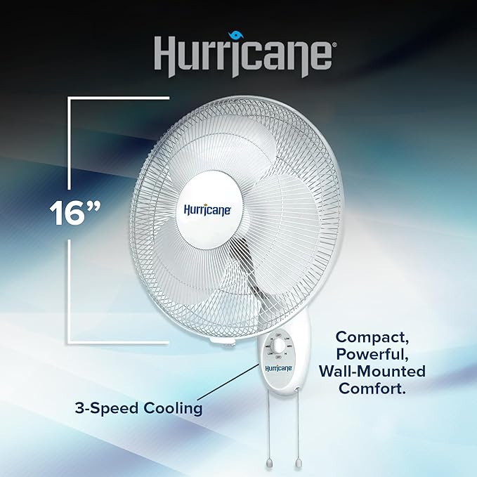 Hurricane 16" Supreme Oscillating Wall Mount Fan w/ 3 Quiet Speeds, White - Corded Electric Air Cooling Unit w/ Easy Pull Cord Controls for Homes, Greenhouses, Garages, Workshops & Gyms