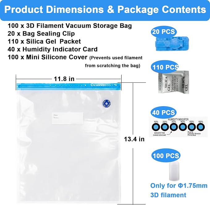 100 PCS Filament Storage Bags, 3D Printer Filament Bags, 12.6 x 13.4 in | Reusable Vacuum Storage Bag Kit with Sealing Clips, Desiccants, Humidity Indicator Card and Mini Silicone Cover, White