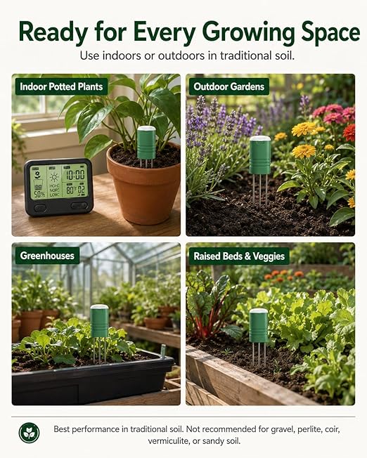 Soil Moisture Meter for Plants, 12-Zone Wireless Plant Water Meter, Soil Thermometer and Light Sensor, 4-in-1 TDR Tester, 230ft Range, IPX5 Waterproof for Indoor Outdoor Garden Lawn (Display+4 Sensor)