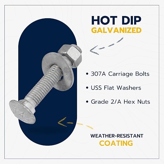 3/8" x 2" (50 Pack) Galvanized Carriage Bolt Kit, Grade 307A, Hot Dip Galvanized for Exterior Use by Makers Bolt
