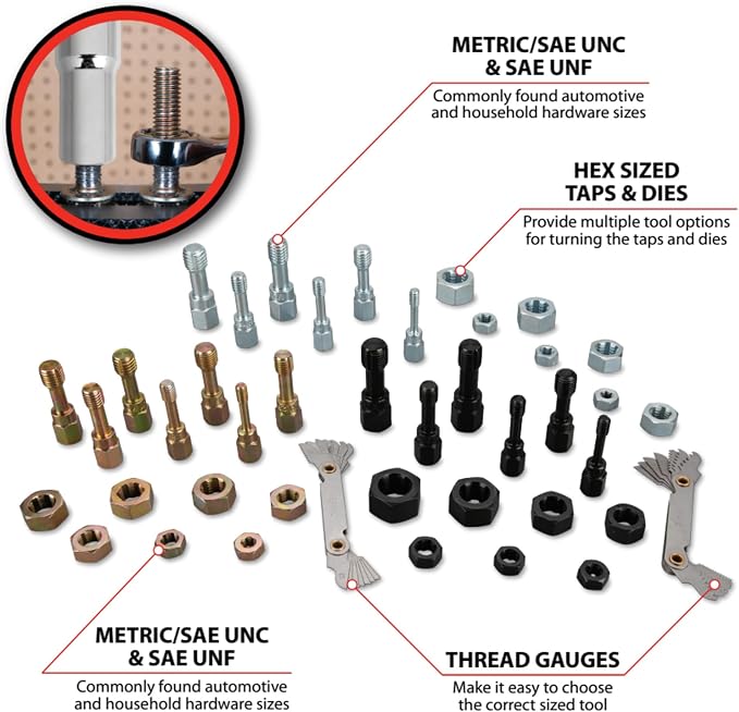 Performance Tool W8660 42 pc. Master Thread Restorer Kit: Includes Metric/SAE UNC/UNF Discs, Tap Dies, and Thread Gauges to Restore Stripped or Damaged Nuts and Bolts