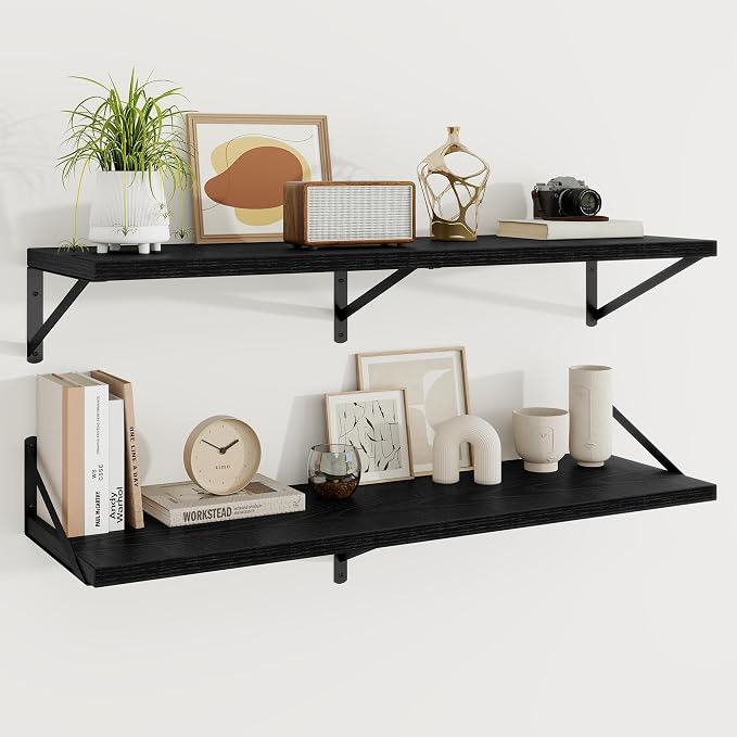 Floating Shelves 12 Inch Deep, 48W x 12D Wall Shelf Set of 2, 70 lbs Heavy Duty Reversible Metal Brackets, Deep Industrial Book Shelf for Living Room Kitchen Bath Bedroom Coffee Bar, Black