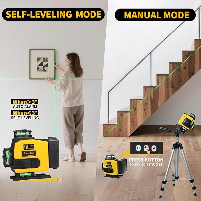 Laser Level with Tripod,4×360° Whole-Room Cross-Line Green Beam Laser Level 360 Self Leveling with 2×4500mAh Batteries & Rotatable Window for Picture Hanging,Tile,Ceiling and Home Renovation