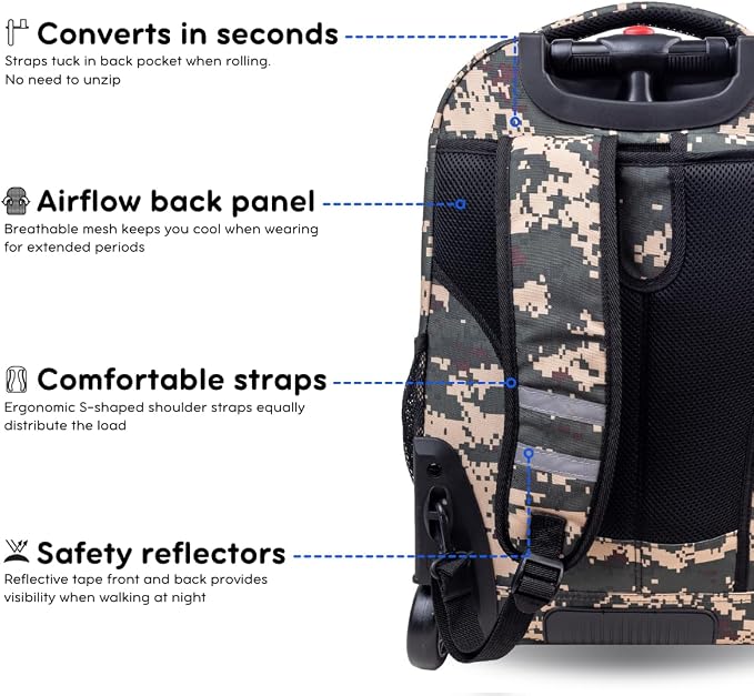 J World Sundance Laptop Rolling Backpack for Girls Boys. Roller Bookbag with Wheels, 20 Inch, Green Camo