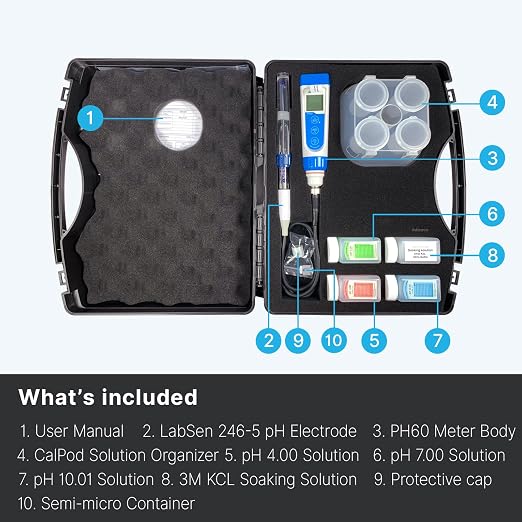 Apera Instruments PH60-MS Handheld pH Meter Tester Kit with LabSen 246-5 ATC Semi-Micro pH Electrode for Lab-Grade pH Measurement in Small Volume or Test Tubes