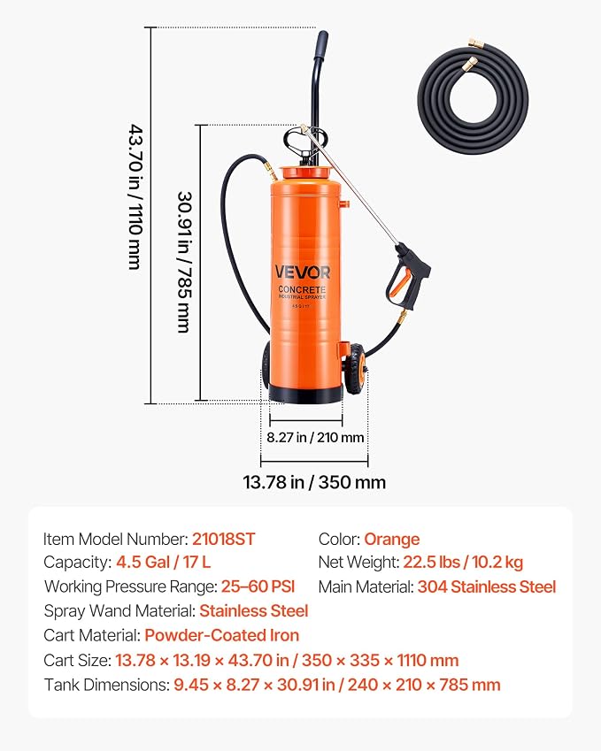 VEVOR Industrial Sprayer, 4.5 Gallons Large Capacity, Stainless Steel Concrete Sprayer with Ergonomic Handle & Removable Cart, 48" & 120" Hose, Concrete Sealer Sprayers for Form Oils Construction