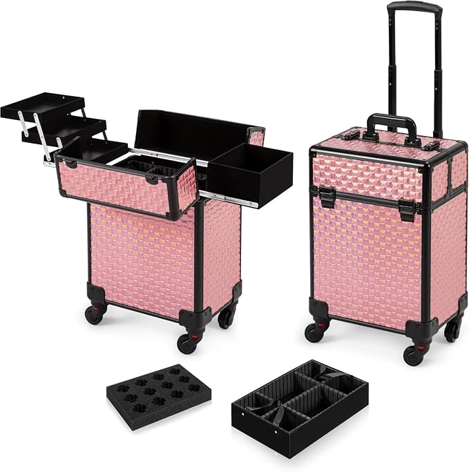 AROUS Rolling Makeup Train Case Cosmetic Travel Trolley with 4 Sliding Rail Trays, Removable Middle Layer, Key, Swivel Wheels, Aluminum Frame, Colorful, Salon Barber Traveling Cart Trunk