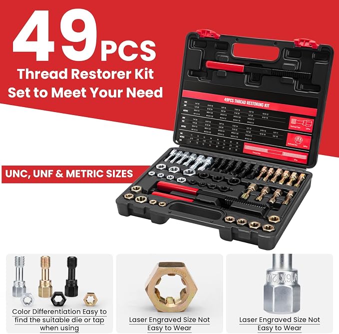 49PCS Thread Chaser Set, Thread Repair Chaser Kit with Metric and UNC UNF Universal Rethreading Kit Thread Restorer Kit