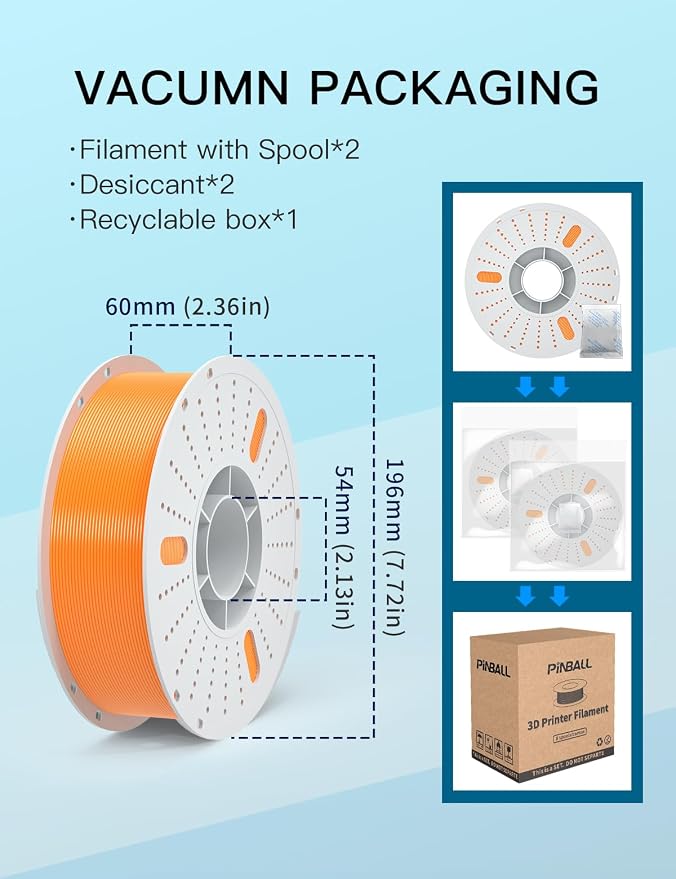 PINBALL PETG 3D Printer Filament 1.75mm High Precision Durable Moisture-Proof Strong Filament Mith Better Flow Dimensional Accuracy +/- 0.02mm Suitable for Most FDM 3D Printers 2 Kilograms Orange