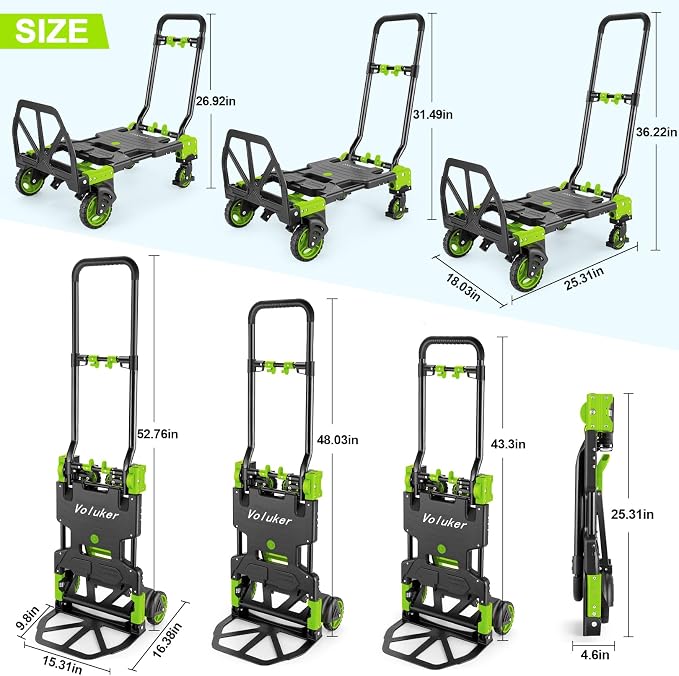 330LB Folding Hand Truck Moving Dolly, Hand Trucks Heavy Duty Combination of 4 Wheels and 2 Wheels Convertible Dolly Cart with Retractable Handle Dolly for Moving Office Carts(Green)