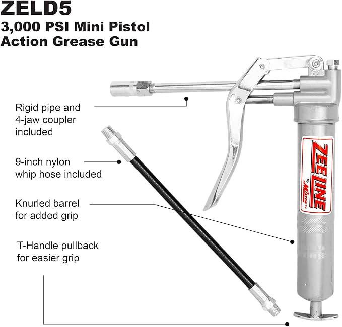 ZEELINE BY MILTON ZELD5, 3000 PSI, Mini Grease Gun, Light Duty Pistol Action Grease Gun with Ergonomic Grip, 3 oz cartridges, 9” Flexible Whip Hose and Standard Rigid Pipe