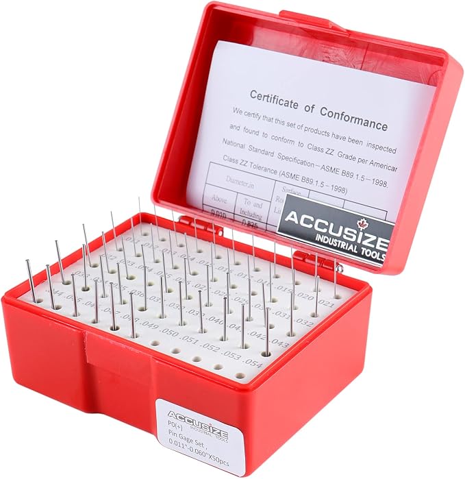Accusize Industrial Tools 0.011''-0.060'', 50 Pc Steel Plug Pin Gage Set, Plus, Class Zz, P0(+) | 50 Pc, Class ZZ, Plus Tolerance, 2" OAL, Steel, Electro-Etched Sizes